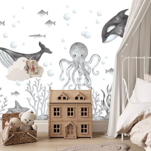 Fotobehang Illustratie van een walvis en een octopus in zwart-wit