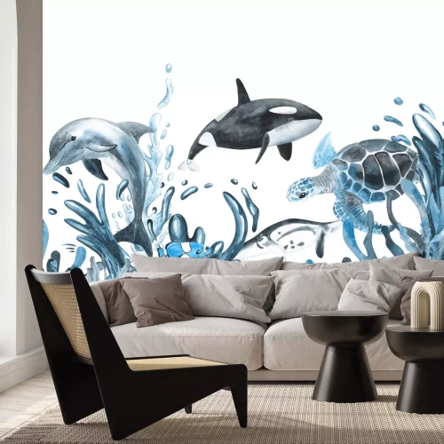 Fotobehang Schildpad en dolfijn in de onderwatertuin