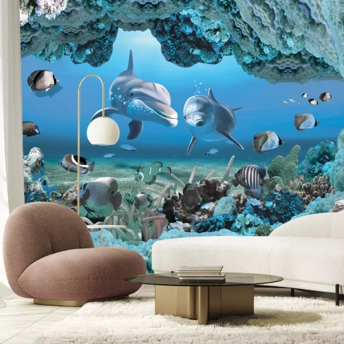 Fotobehang Dolfijnen en vissen tussen het koraalrif