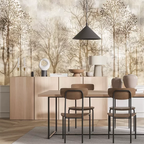 Fotobehang Boslandschap in de mist sepia