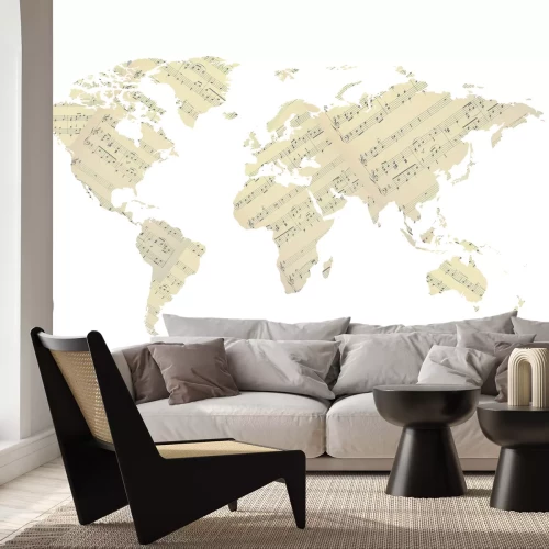 Fotobehang Wereldkaart met muzieknoten en instrumenten