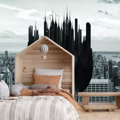 Fotobehang Een abstracte vinylplaat tegen de achtergrond van een stadsgezicht.