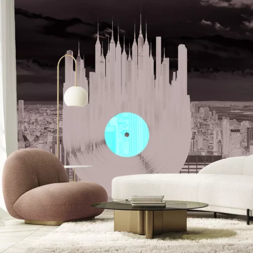 Fotobehang Een abstracte vinylplaat tegen de achtergrond van een stadsgezicht.