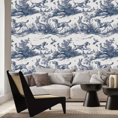 Fotobehang Weide met honden en hazen