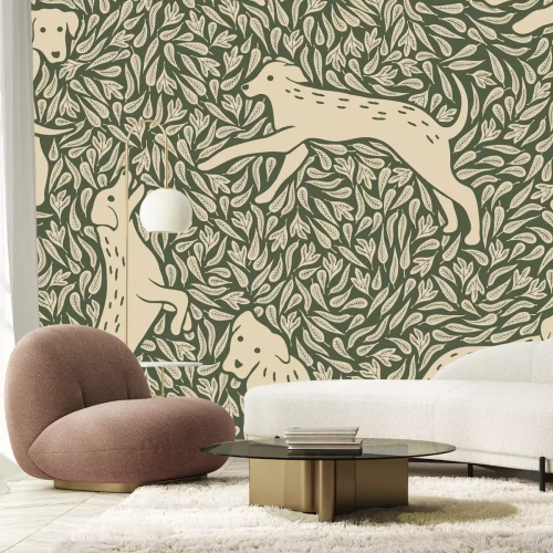 Fotobehang Botanisch motief met honden en groen