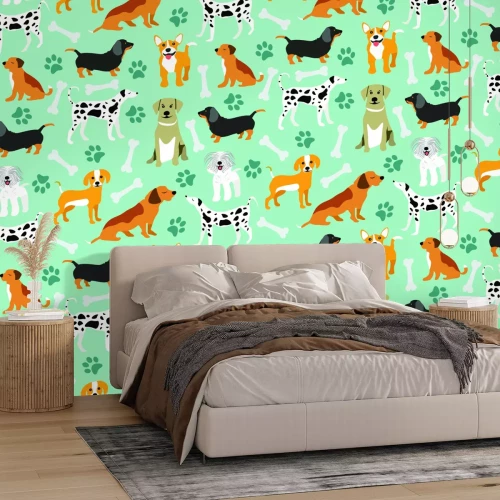 Fotobehang Grappige honden en botten in een illustratief patroon