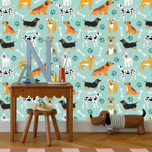 Fotobehang Grappige honden en botten in een illustratief patroon