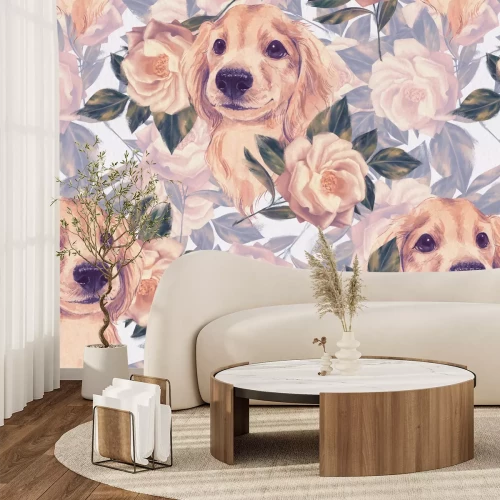 Fotobehang Golden retriever tussen de bloemen