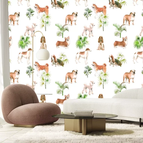 Fotobehang Honden tegen een achtergrond van planten in een illustratieve stijl