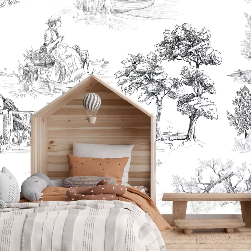 Fotobehang Een dorp met honden op de achtergrond van bomen