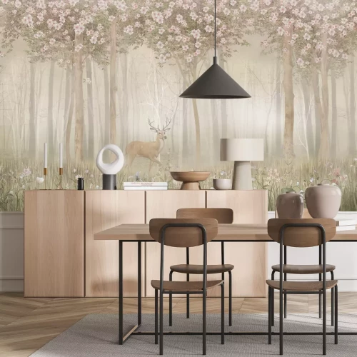 Fotobehang Boslandschap met bloemen en herten