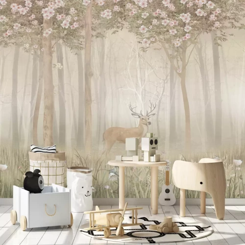 Fotobehang Boslandschap met bloemen en herten
