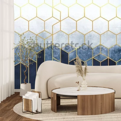 Fotobehang Blauwe geometrische zeshoeken