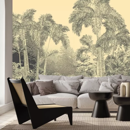 Fotobehang Een schets van de weelderige plantkunde van een bos in sepia