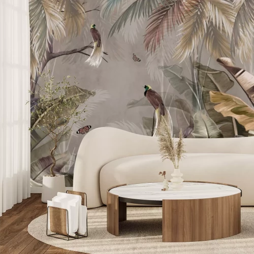 Fotobehang Vlinders en vogels tussen de bladeren