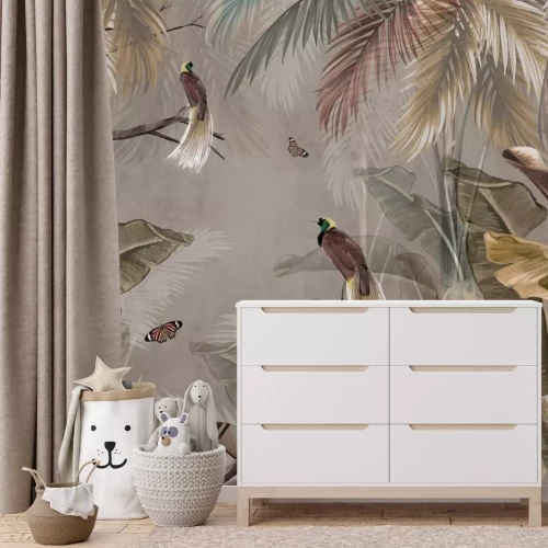 Fotobehang Vlinders en vogels tussen de bladeren