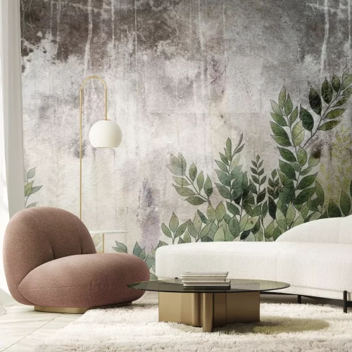 Fotobehang Bladeren op een betonnen textuurachtergrond