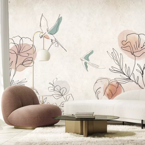 Fotobehang Abstract aquarelschilderij van bloemen en vogels