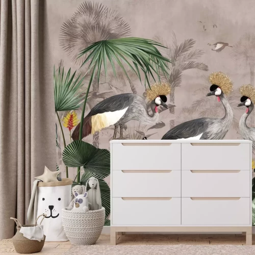 Fotobehang Exotische kraanvogels tussen de bladeren