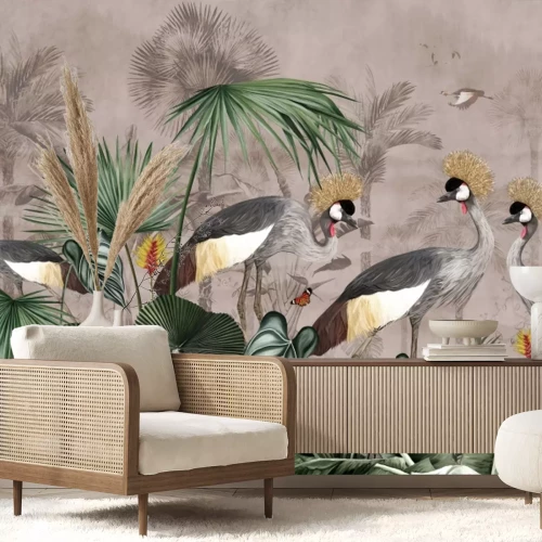 Fotobehang Exotische kraanvogels tussen de bladeren