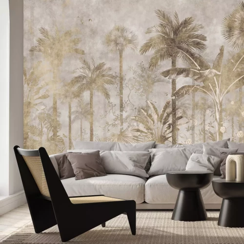 Fotobehang Tropisch bos met palmbomen op beton