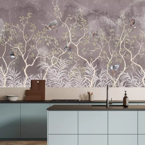 Fotobehang Botanisch patroon met struiken en vogels