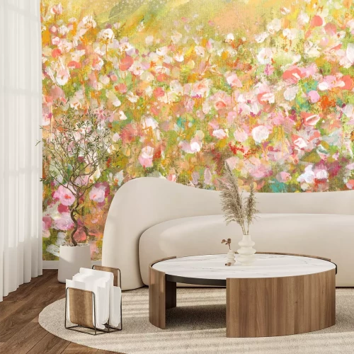 Fotobehang Geschilderde weide met kleurrijke bloemen