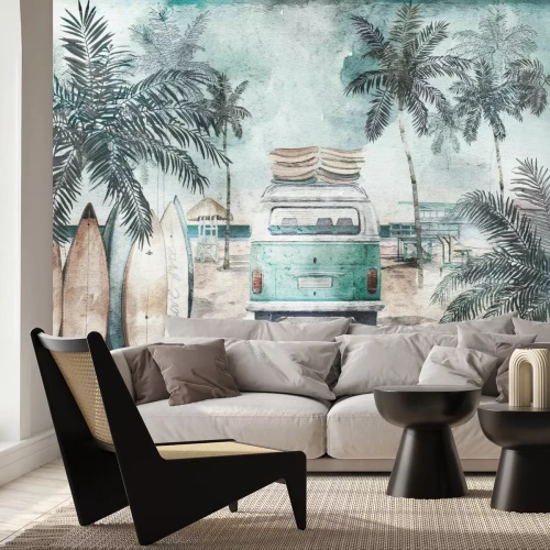 Fotobehang Illustratie van een bus en surfplanken op het strand