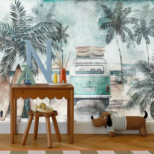 Fotobehang Illustratie van een bus en surfplanken op het strand