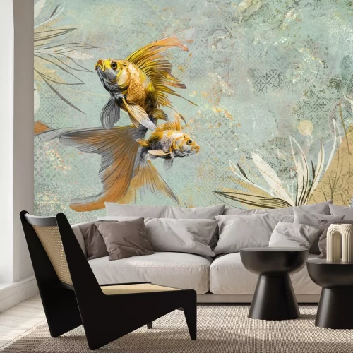 Fotobehang Goudvis met planten op een vintage achtergrond