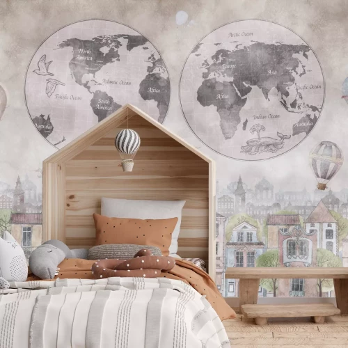 Fotobehang Een wereldkaart met een kleurrijke stad op de achtergrond