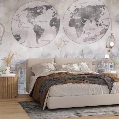 Fotobehang Een wereldkaart met een kleurrijke stad op de achtergrond