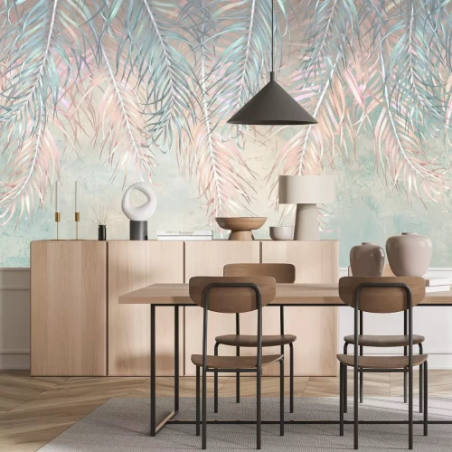 Fotobehang Blauwe en roze palmbladeren