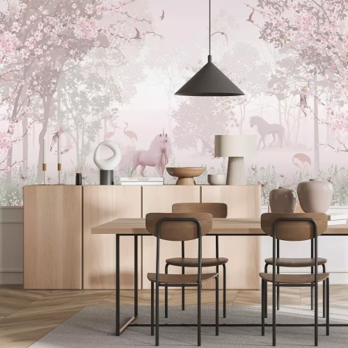 Fotobehang Eenhoorn in het magische roze bos