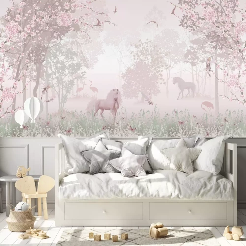 Fotobehang Eenhoorn in het magische roze bos