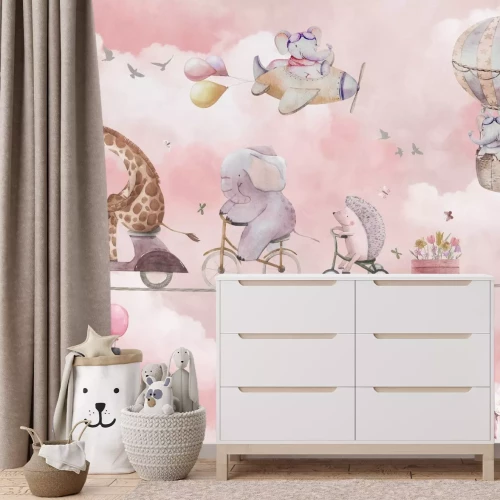 Fotobehang Een giraf en een olifant in de wolken tussen de bloemen