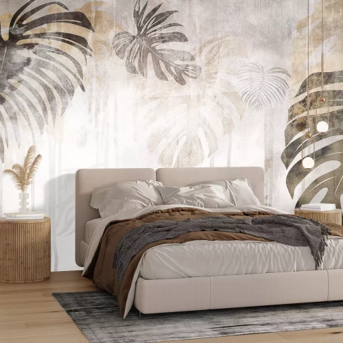 Fotobehang Aquarel muurschildering van monsterabladeren