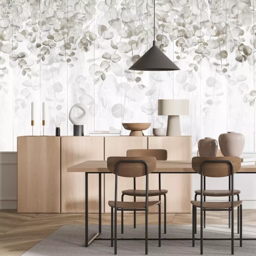 Fotobehang Hangende bladeren op houten planken