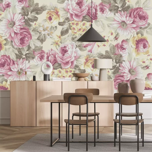 Fotobehang Bloeiende roze en gele pioenrozen