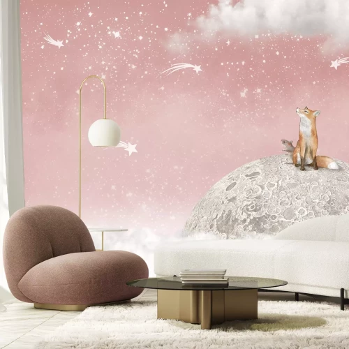 Fotobehang Een vos en een muis die op de maan zitten, een sprookjesachtig tafereel