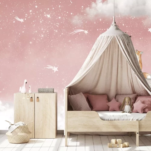 Fotobehang Een vos en een muis die op de maan zitten, een sprookjesachtig tafereel