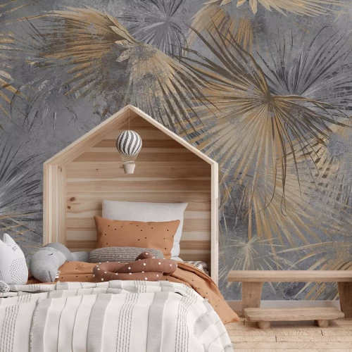 Fotobehang Palmbladeren tegen de achtergrond van een betonnen constructie