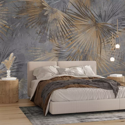 Fotobehang Palmbladeren tegen de achtergrond van een betonnen constructie