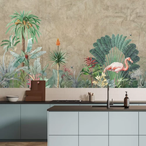 Fotobehang Imitatie jungle met flamingo op beton