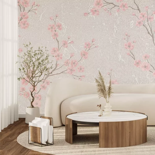 Fotobehang Delicate roze kersenbloesems op de takken