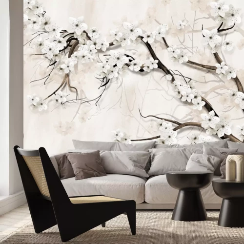 Fotobehang 3D kersenbloesem op een lichte achtergrond