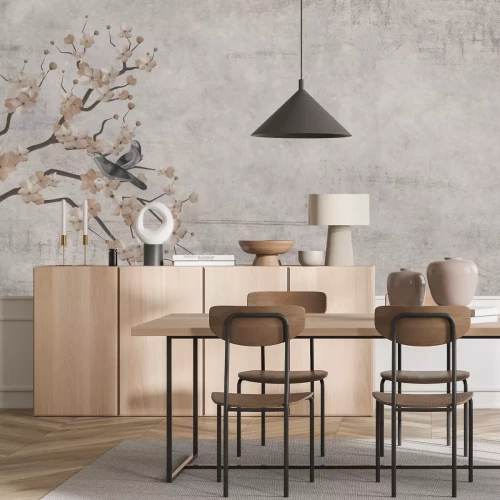 Fotobehang Kersenbloesemboom met vogels op een betonnen muur