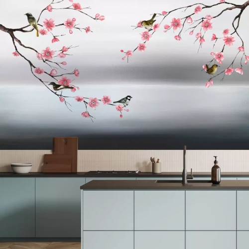 Fotobehang Roze kersenbloesems met vogels in aquarel