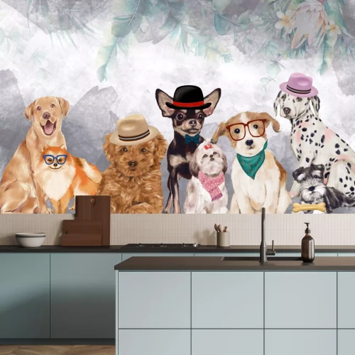 Fotobehang Grappige honden op een aquarelachtergrond met bloemen en bladeren