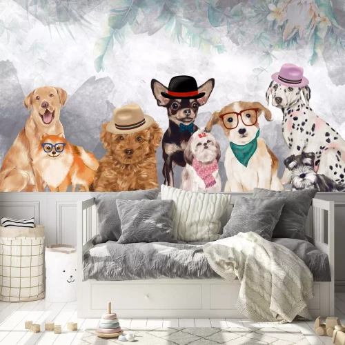 Fotobehang Grappige honden op een aquarelachtergrond met bloemen en bladeren